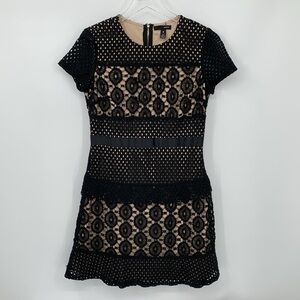 Aqua crochet lace shift dress black nude mini short sleeve peplum Medium